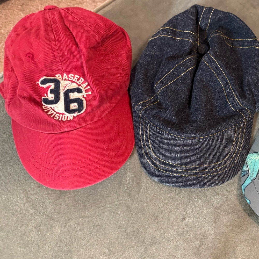 2 Toddler Baby Caps - Red, Blue Denim
